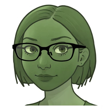 a girl with blue eyes, short blond hair, and square glasses, bufo frog meme style sticker