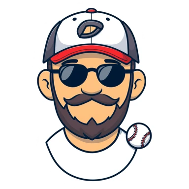 adventurer with beard, glasses and backwards baseball cap sticker