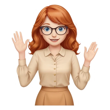 redheaded woman with very long wavy hair and bangs, blue eyes, cat-eye glasses, pencil skirt, apricot blouse, waving, smiling sticker