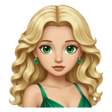 Blonde model with brown eyes, long wavy hair,  emerald gown sticker