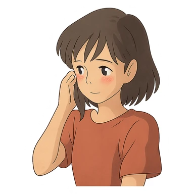 shy girl tucking her hair behind her ear, ghibli style illustration sticker