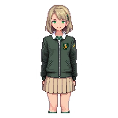 girl in a school uniform wearing a green polo, beige skirt, grey zipper jacket sticker
