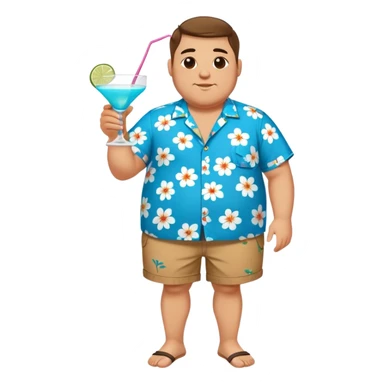 chubby guy full figure in a flowered azure havai shirt, brown shorts and flippers holding a cocktail sticker