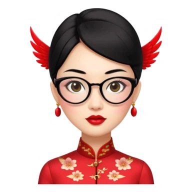 an oriental lady wearing red cheongsam, red lipstick, winged eyeliner, fair light a bit pink skin, small nose, a bit thick sensual lips, not too slim but not fat, wearing transparent glasses, black hair mid length sticker