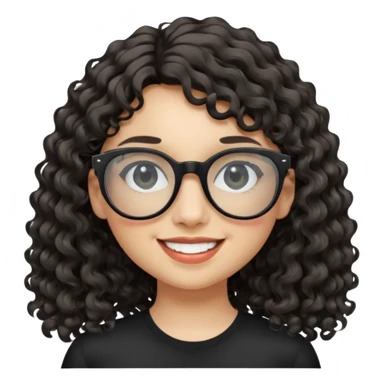 create a frontend girl that has a round face and very long curly hair with a side curtain bangs and wears black square rayban glasses doesnt smile with her teeth and white sticker