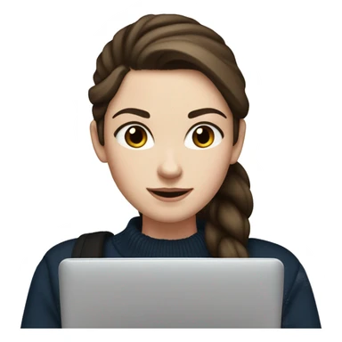 caucasian white girl student, holding laptop, blue eyes, dark brown hair ponytail wearing a thick black sweater sticker