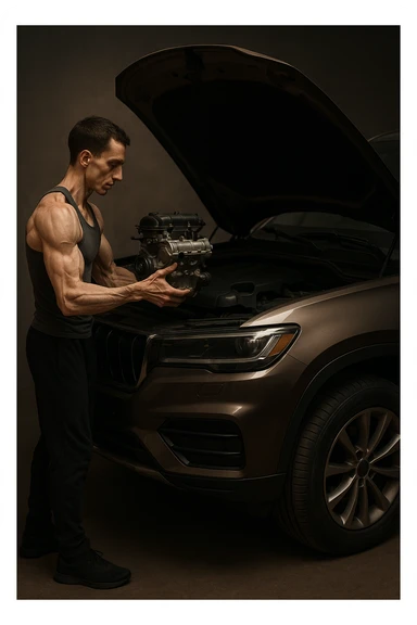 a lean, slimmed-down bodybuilder in gym clothes stands beside a large, imposing car (like an SUV or luxury sedan) with the hood open. Con attenzione e un po’ di fatica, solleva e installa un piccolo motore nel grande vano motore dell’auto. Il contrasto tra la stazza dell’auto e la dimensione ridotta sia del motore che del bodybuilder è evidente. L’atmosfera è riflessiva e simbolica. sticker