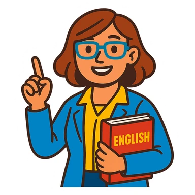 woman English teacher with brown hair, holding a book, vibrant toon style sticker