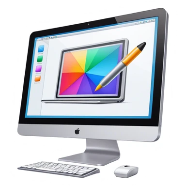 Computer graphics icon, large monitor with graphic design software open, graphic tablet, stylus, vibrant colors, minimalistic style, clean lines, transparent background. sticker