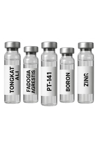 3 fiale mediche: Tongkat Ali, Fadogia Agrestis, PT-141, Boron e Zinco fluttuano in aria verticalmente sticker