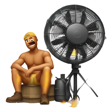 Sun burned man siting next to the blower fan sticker