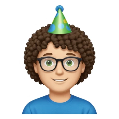 A white guy with curly brown hair and green eyes with a happy face, and wear square black glasses.He’s also got a full silver birthday party hat on his head with blue pom poms on top of it, and his T-shirt is all black, he wears a little gold circle earrings on his left  sticker