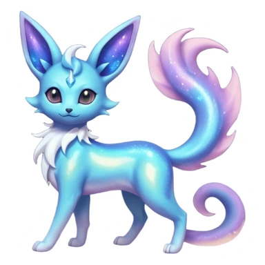 Shiny Iridescent Sparkly Nebulae Espeon-Umbreon-Vaporeon-Glaceon-Dragonair-Fakémon-hybrid-creature (full body)  with a galaxy-dust-flowing-gradient-tail sticker