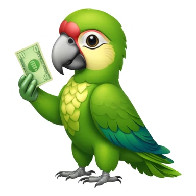 Green parrot, all green body, has money sticker