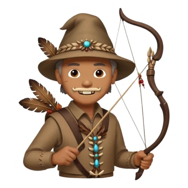 The classic image of a middle-aged uncle hunter carrying a bow, dressed in brown clothes, with some ornaments made of feathers, bones or teeth on his body. sticker
