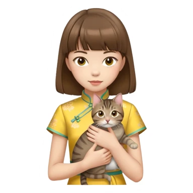 girl with brown hair and bangs wearing yellow qipao with a gray tabby cat sticker