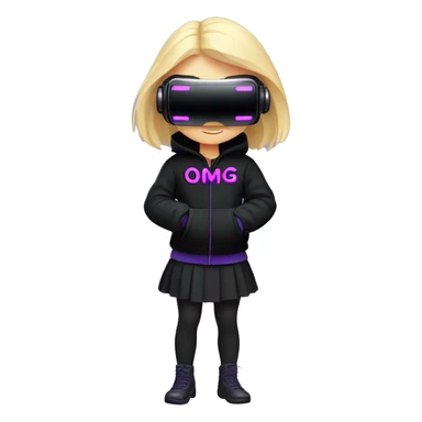 Russian cute blond student girl wearing black hoody with violet letters "OMG", in vr headset. No eyes. Cyberpunk style. Violet neon. sticker