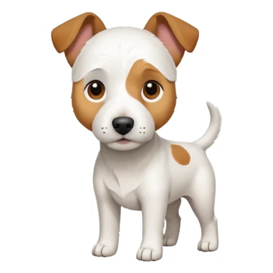 a full body large white parson russell looking dog the size of a kelpie with light brown ears and a light brown patch on one eye and a large snout sticker