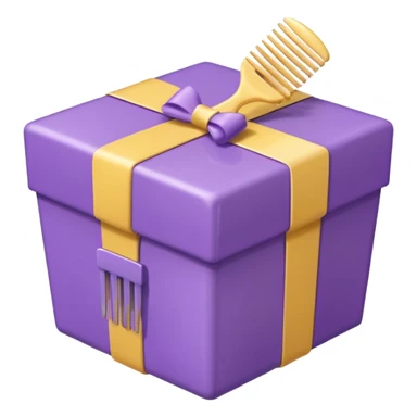 Kawaii emoji illustration of a purple gift box with a comb inside, chubby proportions, glossy finish, pastel colors, soft shading, adorable style, simple and clean design, transparent background sticker