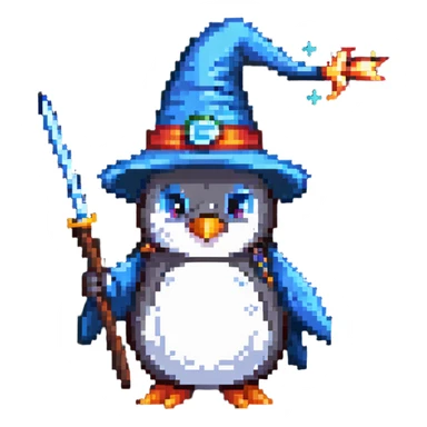 Penguin dressed as a wizard with a magical wand and pointy wizard hat sticker