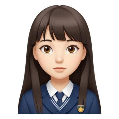 Attractive female student with long straight dark brown hair with bangs, beautiful school uniform, subtle makeup sticker