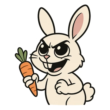an evil white rabbit holding a carrot, looking upwards with cute big eyes, cartoon style sticker