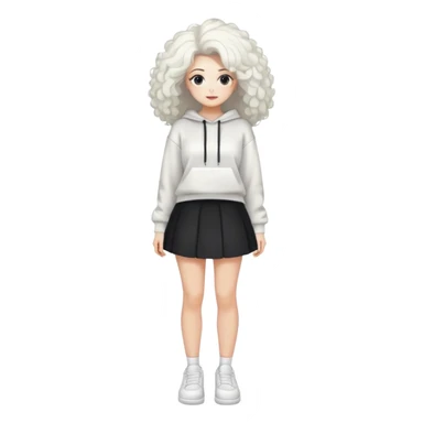 Female with slim hourglass figure, white big hair, wearing white sweatshirt, black skirt, and white shoes, full body pose sticker