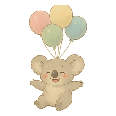 koala floating with pastel balloons, happy face, soft Ghibli style sticker