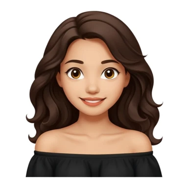 modern clean emoji of a young woman with medium skin tone, long wavy dark brown hair, wearing a black off-shoulder top, soft friendly smile, expressive eyes, warm and charming style, relaxed confident vibe, neutral light color or soft gradient background sticker