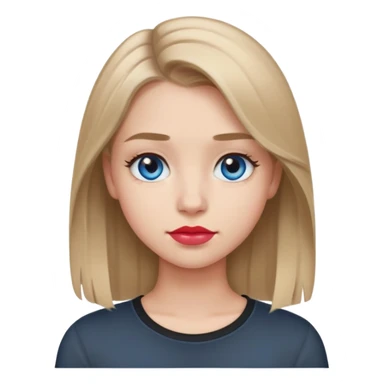 Emoji teenage girl, ash darker almost brown blonde hair, blue eyes, black shirt, hair a little longer than over shoulders, red pinkish lips, blue grey eyes sticker