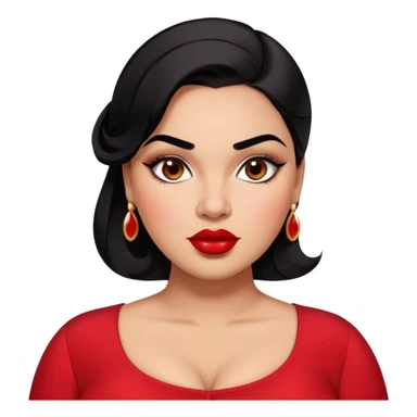 Glamorous full-figured young woman with defined features, brown skin, expressive dark eyes, thick eyebrows, full lips with red lipstick, sleek black hair, slightly plump, wearing a red blouse sticker