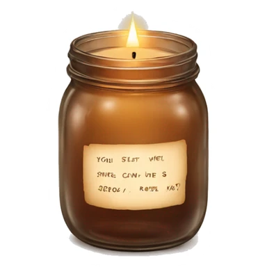 Brown glass mason jar with writing on a label and a candle burning sticker