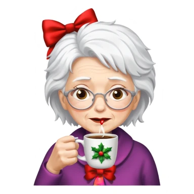 Old lady with crazy hair and christmas bow drinking coffee sticker