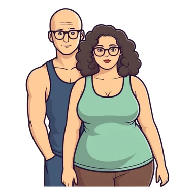 caucasian bald man with glasses and caucasian woman wearing no glasses, long curly dark hair and massive boobs and a tank top sticker