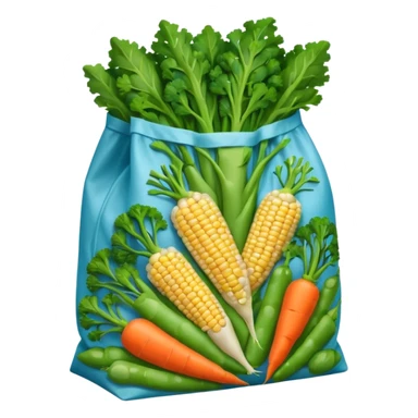 A colorful plastic bag filled with mixed vegetables — peas, carrots, corn, and broccoli — sealed and lightly frosted. Tnutrition facts, and vibrant vegetable images. Displayed in a grocery store freezer with cool white lighting and condensation on the glass door. sticker