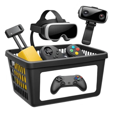 shopping basket with a gaming console, VR headset, and action camera emoji sticker