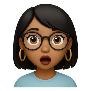 Add gold hoop earrings and stylish glasses to the surprised light brown skin girl with small lips, black layered hair, and doe eyes in emoji style. sticker