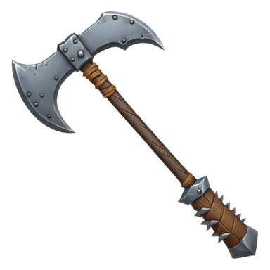 savage barbarian axe object icon, spiked double blade, battle-worn metal, scratches, heavy fantasy weapon, 3D cartoon, mobile game icon style, centered, clean background, no text, no watermark sticker