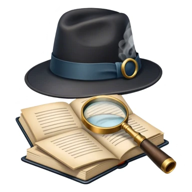 Icon for Detective Reading: an open book with a magnifying glass, a detective’s hat, and a notebook with clues, surrounded by dark shadows and mysterious elements like footprints and a smoking pipe. Transparent background. sticker