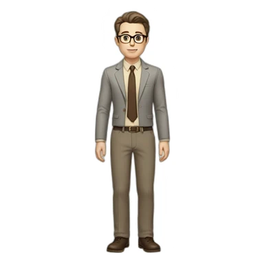 Full height Gesticulating Pale skinned fit man with dark brown hair in gray jacket, beige office shirt, brown tie, brown pants and vintage glasses. sticker