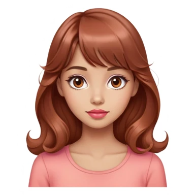cute woman, light tan skin, big brown eyes, long waist length wavy auburn hair, bangs, pink top, coral lipstick sticker