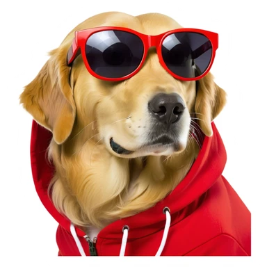 Golden retriever wearing a red hoodie and sunglasses sticker