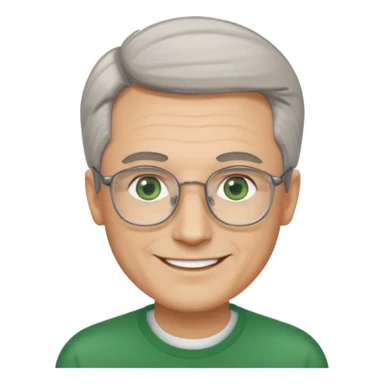 Man with receding hair, grey hair only on the sides, green eyes, rectangular reading glasses, rounded clear face, with a smile sticker