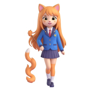 cute 3D cat girl, long flowing hair, shy smile, cat tail, school uniform, soft lighting sticker