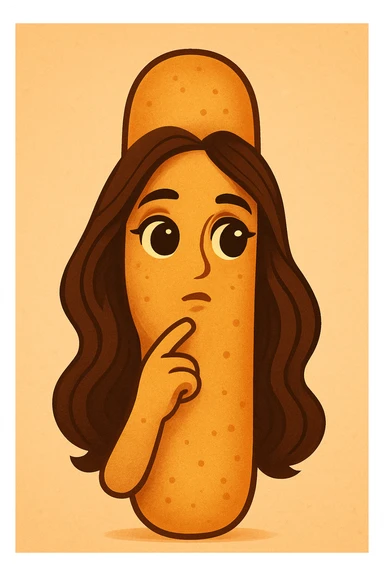 Create a cartoon breadstick emoji with a thoughtful expression, large deep eyes, closed mouth, facial features similar to the person in the reference photo, and long stylized hair on the sides of the breadstick. Use warm colors and a friendly atmosphere. sticker