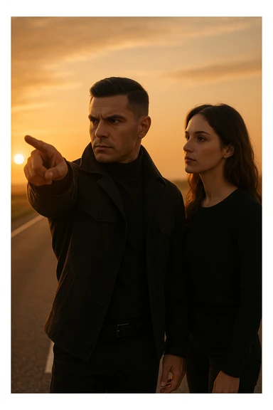 Cinematic photo of a confident man giving clear direction to a woman, standing in front of her with a firm but calm expression, pointing forward as if showing her the path to follow. The man is dressed in a dark jacket, embodying the role of a commander, while the woman looks at him attentively, ready to follow. The setting is an open road at sunrise with soft golden light, symbolizing new beginnings and leadership. Shot from a side angle, capturing both profiles with a clear view of his guiding gesture. sticker