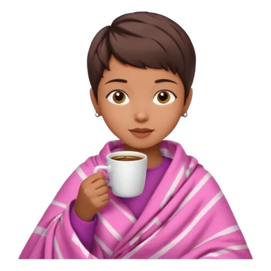 Brunette girl pixiecut Hair Brown  in pink blanket drinking coffee sticker