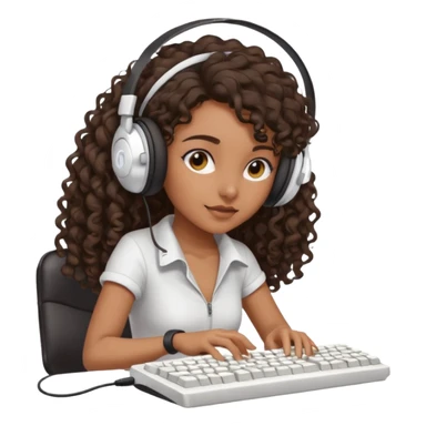 Brown skin Spanish girl with long dark curly hair, wearing a white gaming headset and playing on keyboard with a gaming mouse i sticker