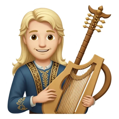 Man with long blonde hair smiling  holding a lyre sticker