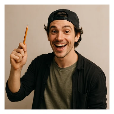 young creative designer, baseball cap backwards, holding a pencil, energetic vibe sticker